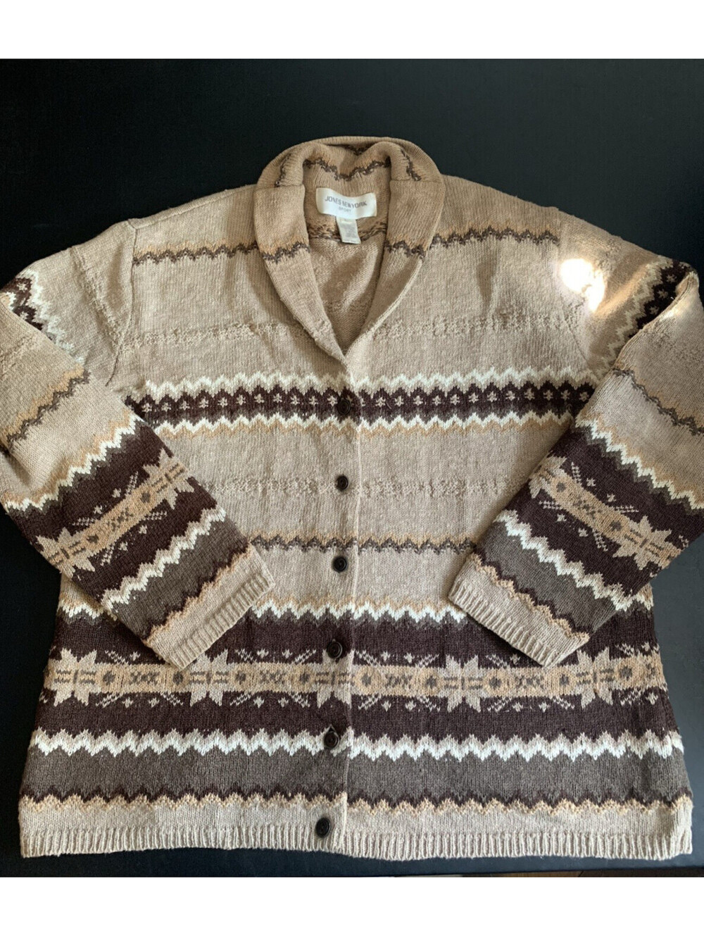 Jones New York Sport Mens Cardigan Sweater L Ramie Cotton Fair Isle Beige Brown